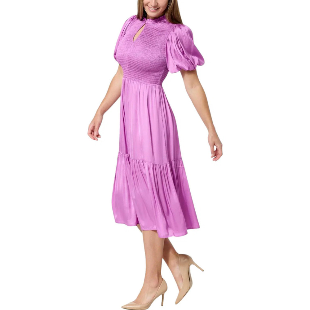 La Joie Bubble-Sleeve Smocked Bodice Satin Midi Dress Violet - Regular